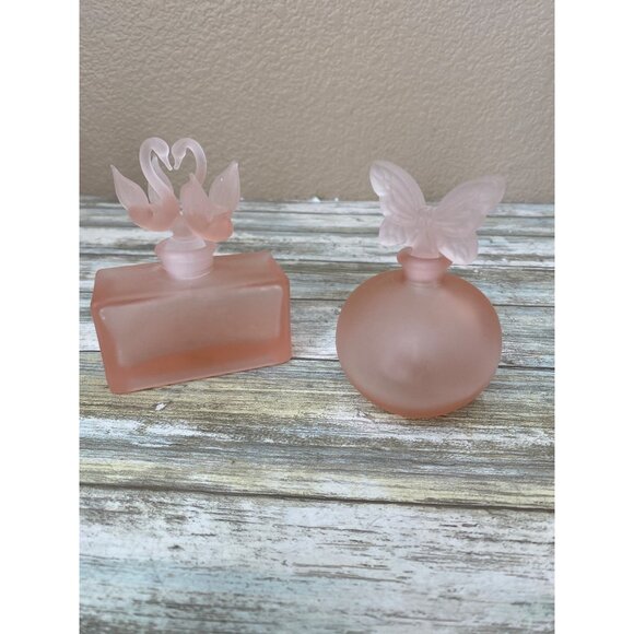 Other - Set of 2 Frosted Pink Glass Perfume Bottles Set w/Stoppers Y2K Vanity Decor 3.5”